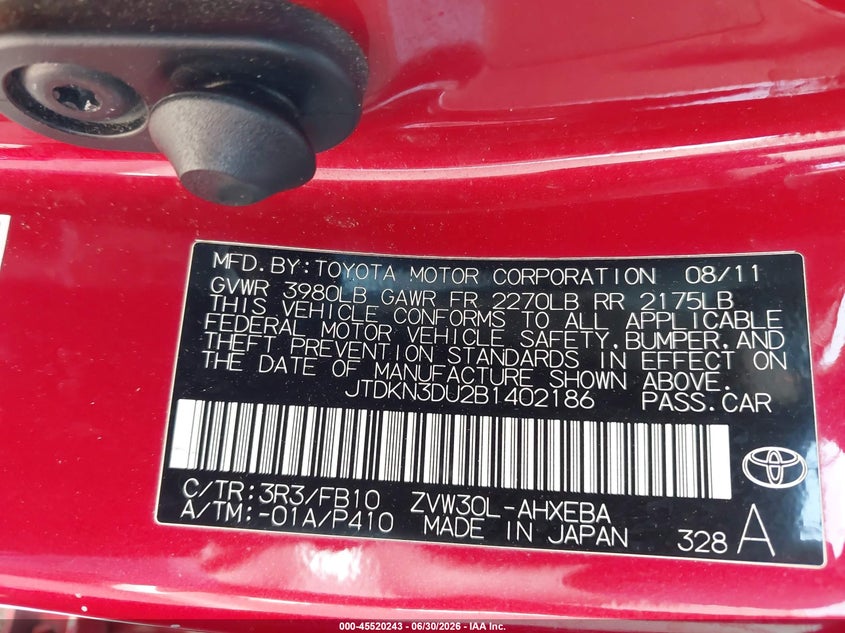 2011 Toyota Prius VIN JTDKN3DU2B1402186 IAAI salvage auction — FRONT END, Salvage (Pennsylvania), sold $900 on 2026-07-21 (photo 9)