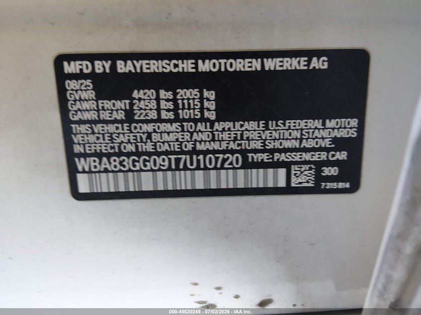 2026 BMW 2er VIN WBA83GG09T7U10720 IAAI salvage auction — FRONT END, Clear (Florida), sold $17,575 on 2026-07-14 (photo 9)
