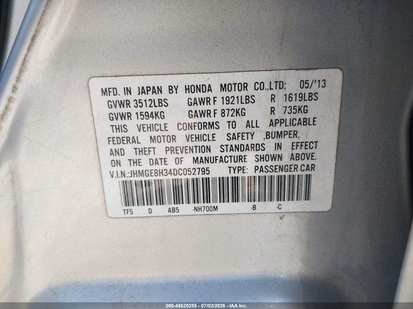 2013 Honda Fit VIN JHMGE8H34DC052795 IAAI salvage auction — FRONT END, Salvage - Greater Than 75% (Maryland), sold $125 on 2026-07-16 (photo 9)