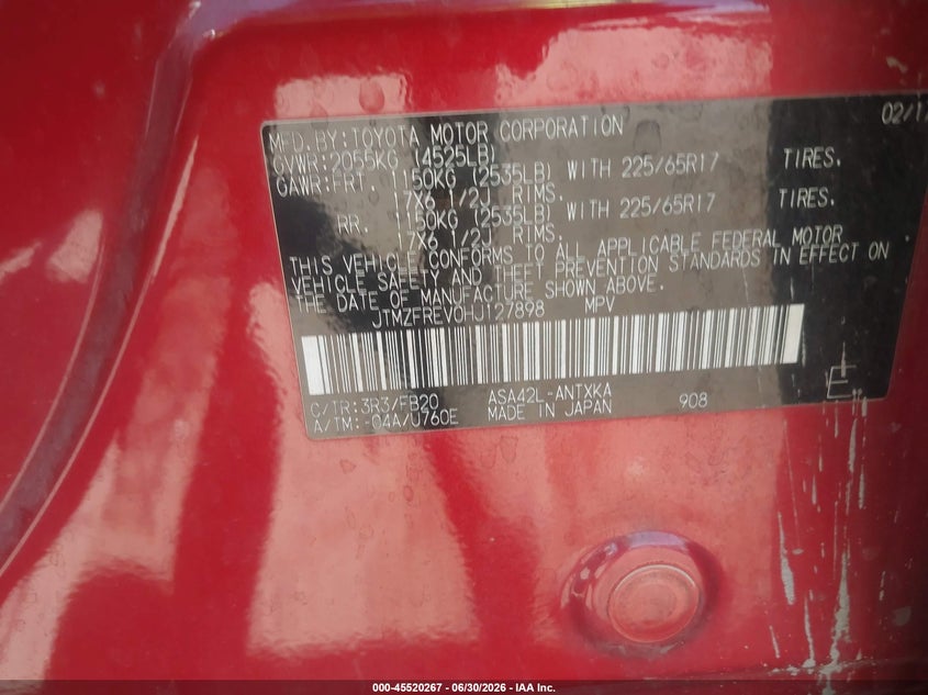 2017 Toyota Rav 4 VIN JTMZFREV0HJ127898 IAAI salvage auction — NORMAL WEAR, Clear-Dealer Only (Arizona), sold $5,800 on 2026-07-21 (photo 9)