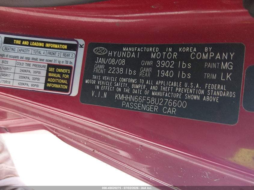 2008 Hyundai Tiburon VIN KMHHN66F58U276600 IAAI salvage auction — NORMAL WEAR, Original (Texas), sold $650 on 2026-07-10 (photo 9)