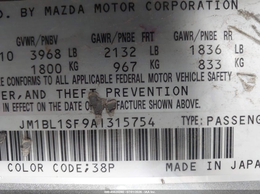 2010 Mazda 3 VIN JM1BL1SF9A1315754 IAAI salvage auction — FRONT END, Parts Only Bos (Minnesota), sold $250 on 2026-07-15 (photo 9)