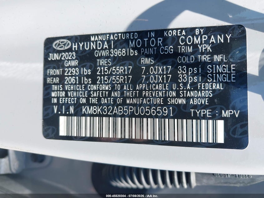 2023 Hyundai Kona VIN KM8K32AB5PU056591 IAAI salvage auction — RIGHT FRONT, Wait Title, sold $7,500 on 2026-08-18 (photo 9)