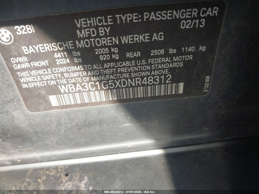 2013 BMW 3er VIN WBA3C1G5XDNR48312 IAAI salvage auction — NORMAL WEAR, Clear (Indiana), sold $850 on 2026-07-29 (photo 9)