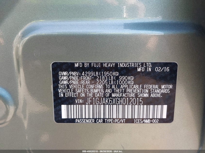 2016 Subaru Impreza VIN JF1GJAK6XGH012015 IAAI salvage auction — RIGHT FRONT, Salvage Title, sold $1,625 on 2026-07-15 (photo 9)