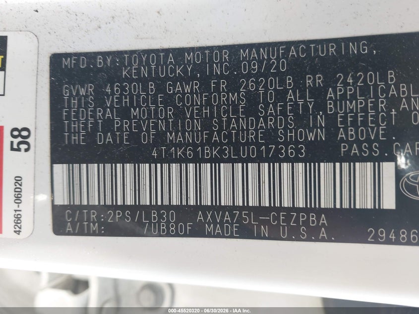 2020 Toyota Camry VIN 4T1K61BK3LU017363 IAAI salvage auction — SUSPENSION, Clear Claim Paid (Wisconsin), sold $7,700 on 2026-07-29 (photo 9)