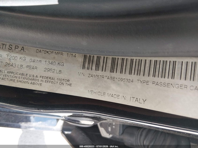 2014 Maserati Ghibli VIN ZAM57RTA5E1095324 IAAI salvage auction — WATER/FLOOD, Salvage (Texas), sold $2,975 on 2026-08-14 (photo 9)
