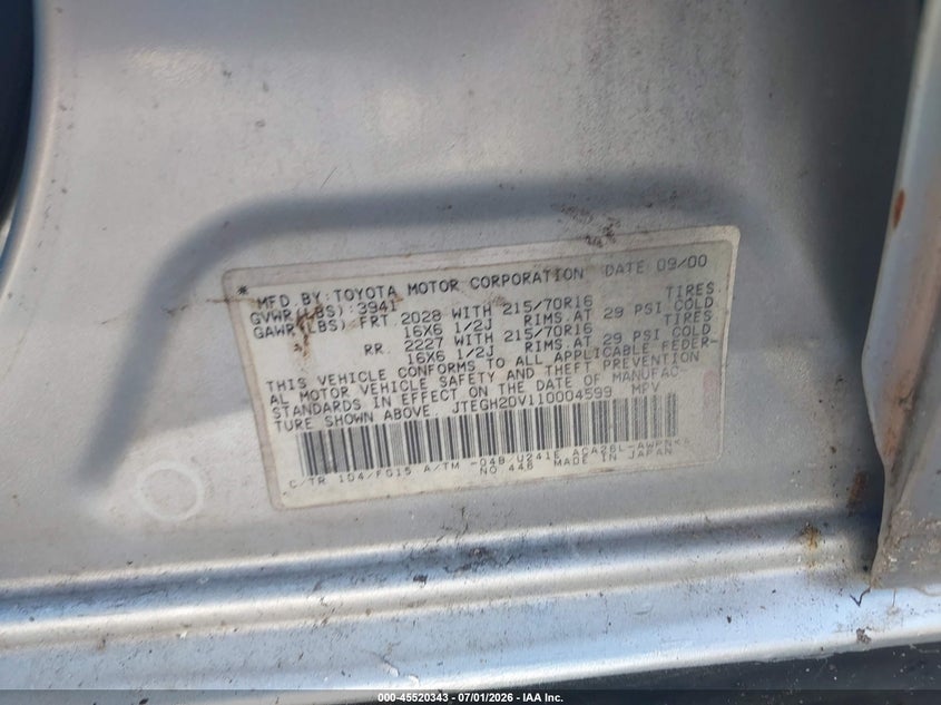 2001 Toyota Rav4 VIN JTEGH20V110004599 IAAI salvage auction — REAR END, Rebuildable (Florida), sold $650 on 2026-07-29 (photo 9)