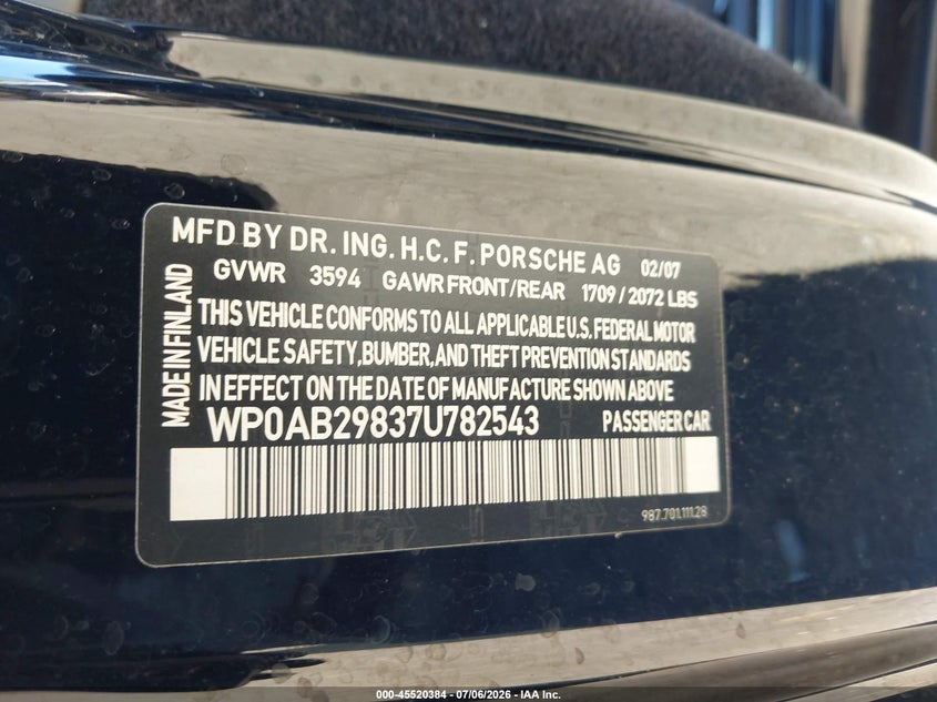 2007 Porsche Cayman VIN WP0AB29837U782543 IAAI salvage auction — FRONT END, Salvage (California), sold $12,750 on 2026-08-24 (photo 9)