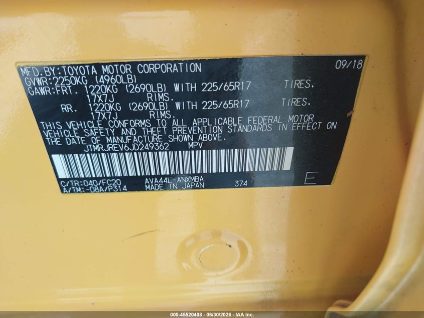 2018 Toyota Rav 4 VIN JTMRJREV6JD249362 IAAI salvage auction — NORMAL WEAR, Clear (New York), sold $6,500 on 2026-07-26 (photo 9)