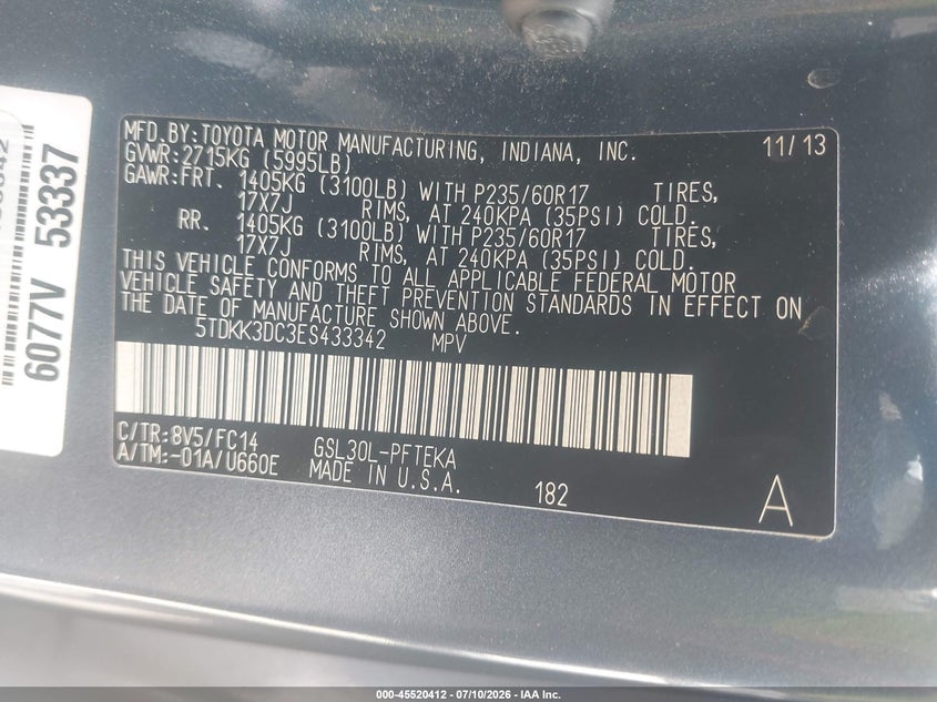 2014 Toyota Sienna VIN 5TDKK3DC3ES433342 IAAI salvage auction — UNDERCARRIAGE, Salvage Title, sold $8,100 on 2026-07-25 (photo 9)