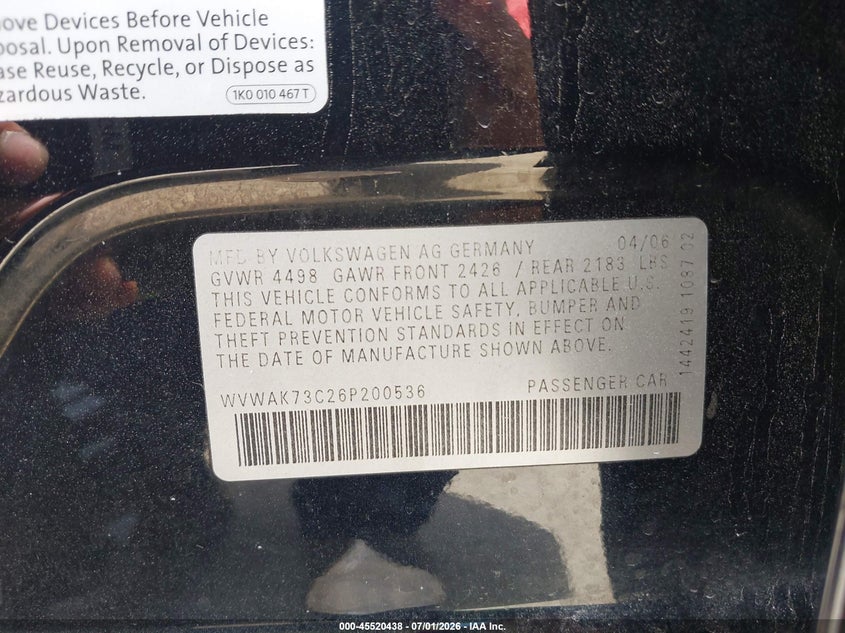2006 Volkswagen Passat VIN WVWAK73C26P200536 IAAI salvage auction — REAR END, Salvage (Texas), sold $300 on 2026-08-03 (photo 9)
