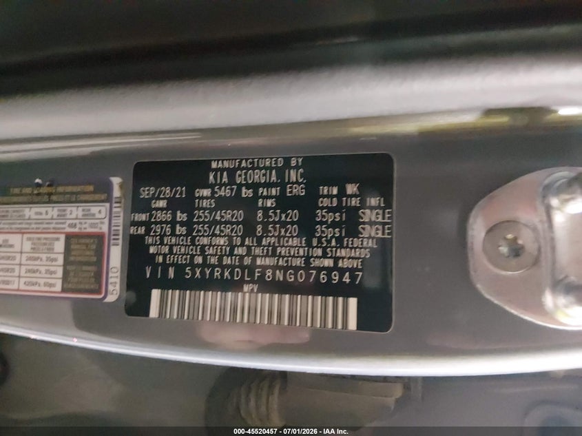 2022 Kia Sorento VIN 5XYRKDLF8NG076947 IAAI salvage auction — REAR END, Salvage Title, sold $6,100 on 2026-08-01 (photo 9)