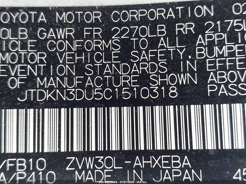 2012 Toyota Prius VIN JTDKN3DU5C1510318 IAAI salvage auction — REAR END, Clear (Virginia), sold $1,800 on 2026-07-27 (photo 9)