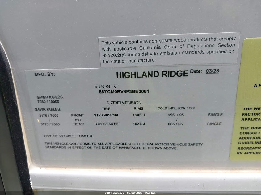 2023 Highland ridge Camping trailer VIN 58TCM0BV8P3BE3081 IAAI salvage auction — WATER/FLOOD, Wait Title, sold $24,000 on 2026-09-18 (photo 9)