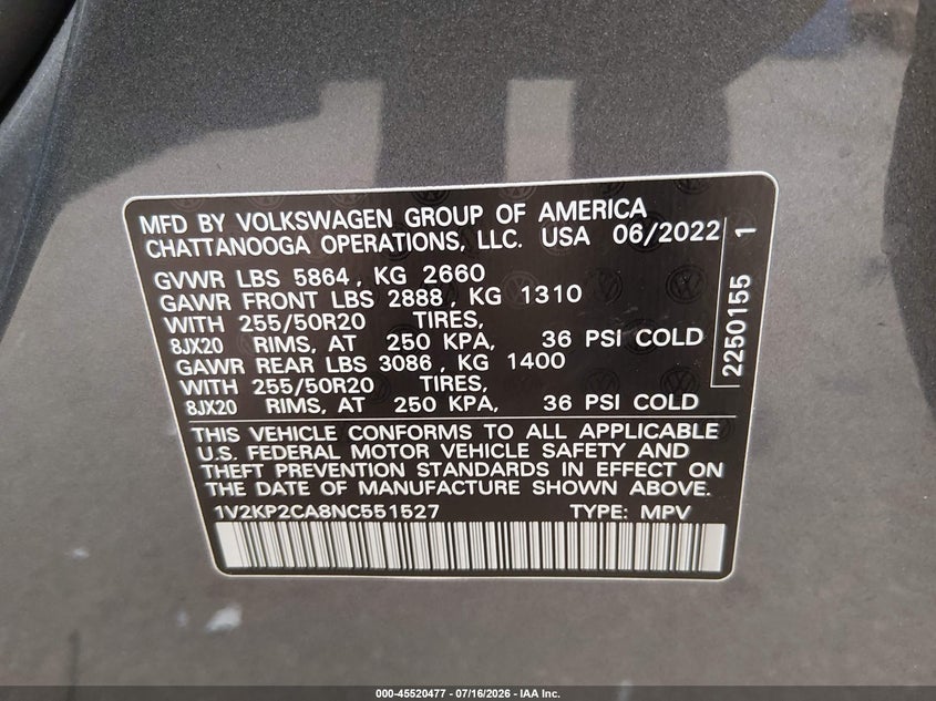 2022 Volkswagen Atlas VIN 1V2KP2CA8NC551527 IAAI salvage auction — REAR END, Mv-907A (New York), sold $7,100 on 2026-07-31 (photo 9)