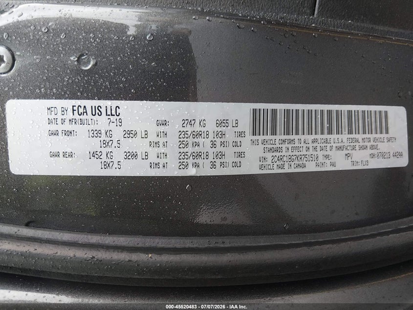 2019 Chrysler Pacifica VIN 2C4RC1BG7KR751510 IAAI salvage auction — FRONT END, Wait Title, sold $4,300 on 2026-08-29 (photo 9)
