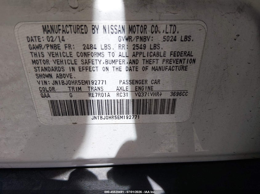 2014 Infiniti Qx50 VIN JN1BJ0HR5EM192771 IAAI salvage auction — RIGHT SIDE, Salvage (Nevada), sold $3,000 on 2026-07-17 (photo 9)