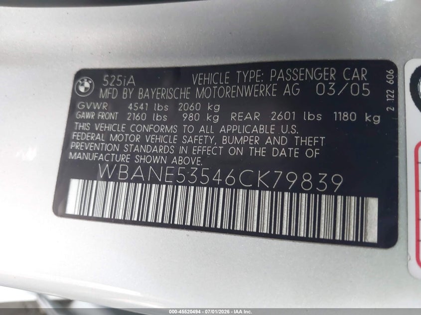 2006 BMW 5 series VIN WBANE53546CK79839 IAAI salvage auction — NORMAL WEAR, Clear (Virginia), sold $300 on 2026-07-30 (photo 9)