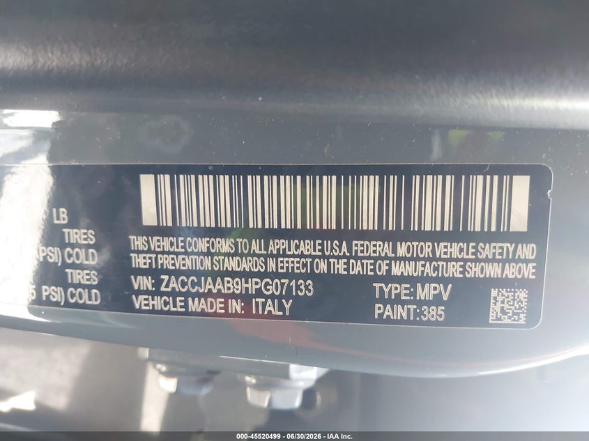 2017 Jeep Renegade VIN ZACCJAAB9HPG07133 IAAI salvage auction — RIGHT FRONT, Salvage Title, sold $1,950 on 2026-08-17 (photo 9)