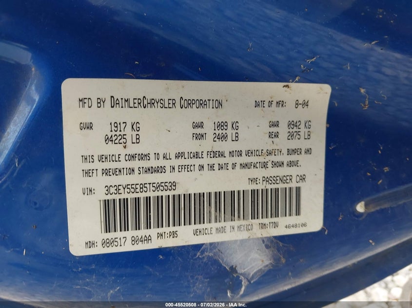 2005 Chrysler Pt cruiser VIN 3C3EY55E85T505539 IAAI salvage auction — NORMAL WEAR, Clear (Tennessee), sold $225 on 2026-07-09 (photo 9)