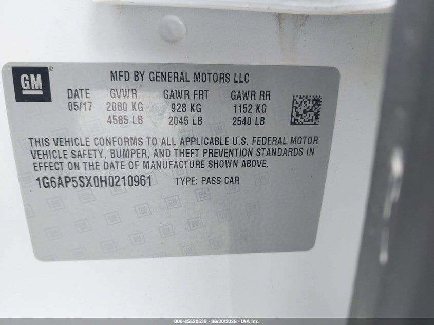 2017 Cadillac Cts VIN 1G6AP5SX0H0210961 IAAI salvage auction — REPOSSESSION, Original (Texas), sold $2,025 on 2026-07-08 (photo 9)