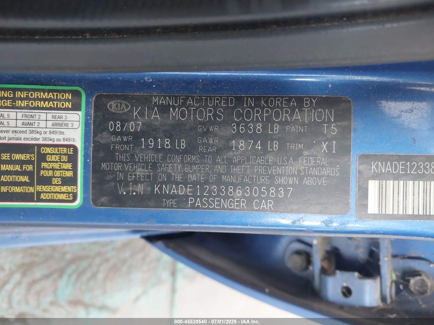 2008 Kia Rio VIN KNADE123386305837 IAAI salvage auction — FRONT END, Clear (Florida), sold $400 on 2026-07-29 (photo 9)
