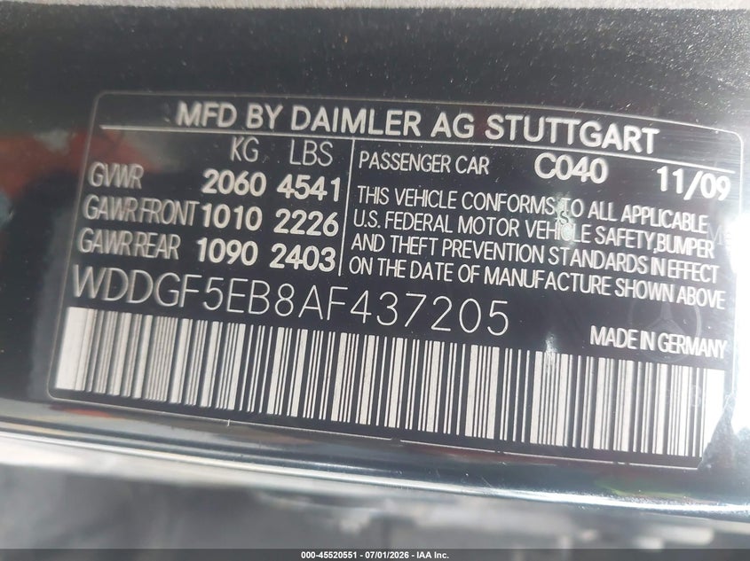 2010 Mercedes-benz C class VIN WDDGF5EB8AF437205 IAAI salvage auction — NORMAL WEAR, Clear - Dealer Only (California), sold $475 on 2026-07-28 (photo 9)