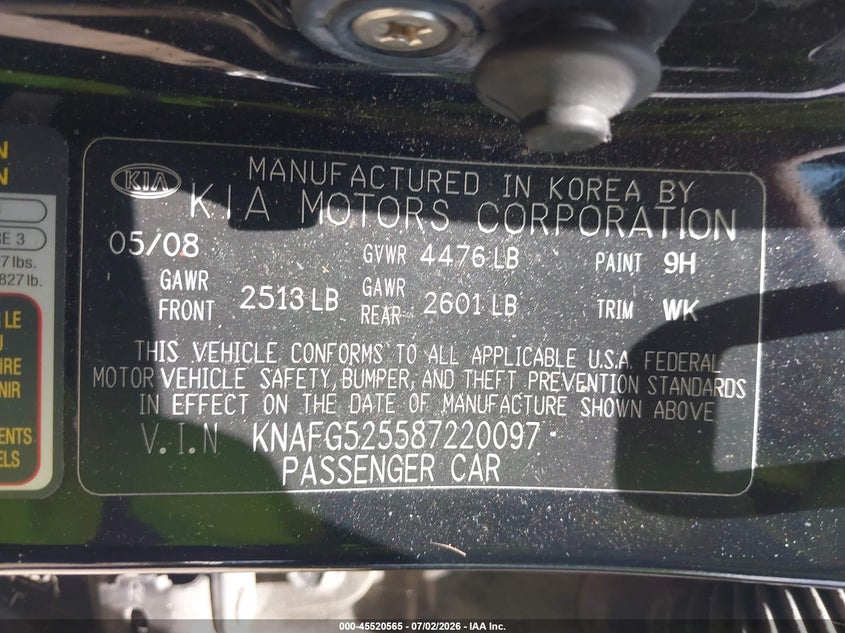 2008 Kia Rondo VIN KNAFG525587220097 IAAI salvage auction — NORMAL WEAR, Clear (Maryland), sold $1,150 on 2026-07-09 (photo 9)