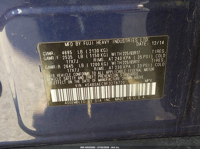2015 Subaru Outback VIN 4S4BSAEC9F3278720 IAAI salvage auction — FRONT END, Salvage (Maine), sold $975 on 2026-08-24 (photo 9)
