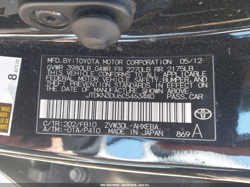 2012 Toyota Prius VIN JTDKN3DU6C5463440 IAAI salvage auction — NORMAL WEAR, Salvage (California), sold $1,150 on 2026-07-29 (photo 9)