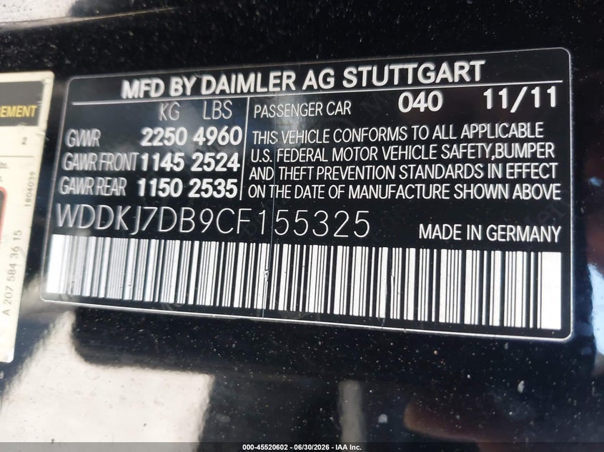 2012 Mercedes-benz E-klasse VIN WDDKJ7DB9CF155325 IAAI salvage auction — LEFT FRONT, Salvage (California), sold $975 on 2026-07-28 (photo 8)
