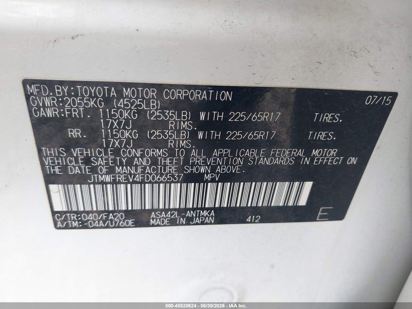 2015 Toyota Rav4 VIN JTMWFREV4FD066537 IAAI salvage auction — NORMAL WEAR, Clear (Georgia), sold $3,750 on 2026-07-24 (photo 9)