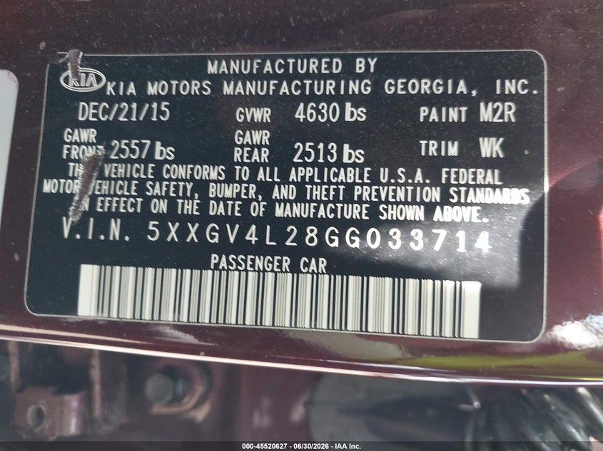 2016 Kia Optima VIN 5XXGV4L28GG033714 IAAI salvage auction — REAR END, Salvage Title, sold $2,250 on 2026-07-22 (photo 9)