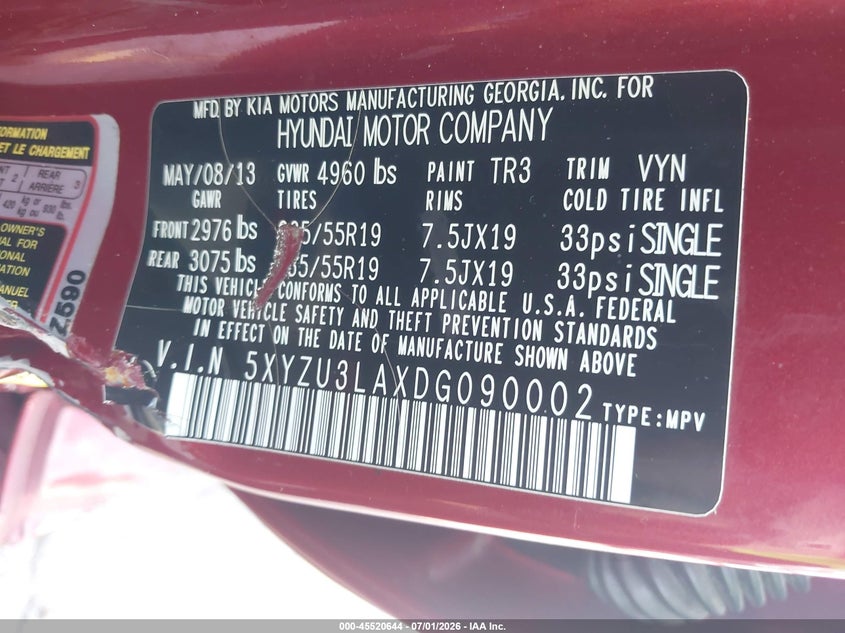 2013 Hyundai Santa fe VIN 5XYZU3LAXDG090002 IAAI salvage auction — SIDE, Salvage (Georgia), sold $1,250 on 2026-08-02 (photo 9)