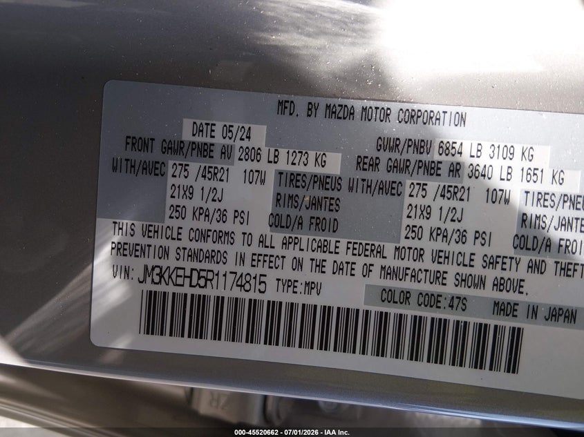 2024 Mazda Cx-90 VIN JM3KKEHD5R1174815 IAAI salvage auction — LEFT SIDE, Salvage Title, sold $9,000 on 2026-07-24 (photo 9)