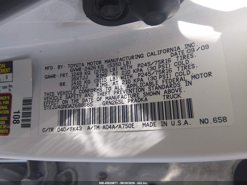 2010 Toyota Tacoma VIN 5TEJU4GN0AZ688665 IAAI salvage auction — FRONT END, Salvage (Nevada), sold $4,550 on 2026-07-24 (photo 9)