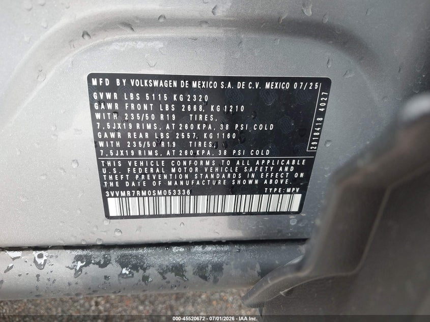 2025 Volkswagen Tiguan VIN 3VVMR7RM0SM053336 IAAI salvage auction — RIGHT REAR, Salvage (Nebraska), sold $11,275 on 2026-08-27 (photo 9)