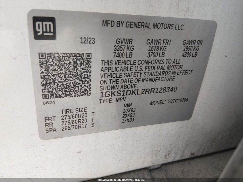 2024 Gmc Yukon VIN 1GKS1DKL2RR128340 IAAI salvage auction — RIGHT SIDE, Enterprise Vehicles Clear Only (California), sold $38,200 on 2026-07-09 (photo 9)