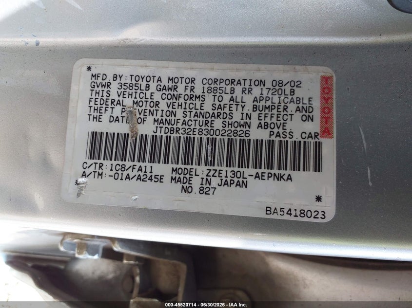 2003 Toyota Corolla VIN JTDBR32E830022826 IAAI salvage auction — NORMAL WEAR, Clear (New Jersey), sold $750 on 2026-07-30 (photo 9)