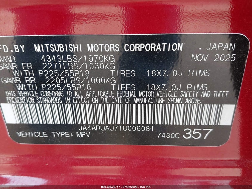 2026 Mitsubishi Outlander VIN JA4ARUAU7TU006081 IAAI salvage auction — FRONT END, Enterprise Vehicles Clear Only (Louisiana), sold $3,550 on 2026-07-09 (photo 9)