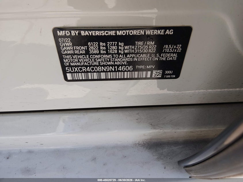 2022 BMW X5 VIN 5UXCR4C08N9N14606 IAAI salvage auction — WATER/FLOOD, Wait Title, sold $24,025 on 2026-09-04 (photo 9)