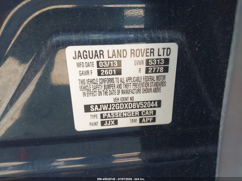 2013 Jaguar Xj series VIN SAJWJ2GDXD8V52044 IAAI salvage auction — NORMAL WEAR, Clear (Indiana), sold $625 on 2026-07-16 (photo 9)