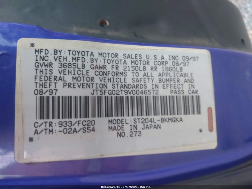 1997 Toyota Celica VIN JT5FG02T9V0046572 IAAI salvage auction — NORMAL WEAR, Original (Ohio), sold $950 on 2026-07-13 (photo 9)