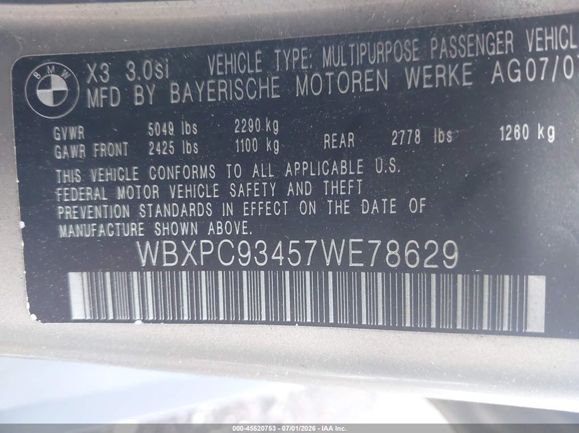 2007 BMW X3 VIN WBXPC93457WE78629 IAAI salvage auction — NORMAL WEAR, Clear (New York), sold $3,675 on 2026-07-07 (photo 9)