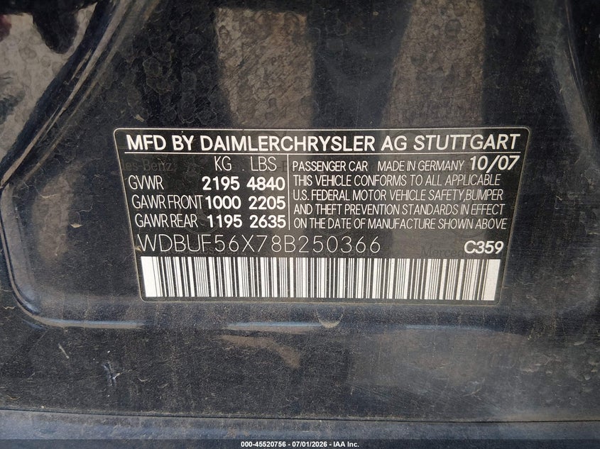 2008 Mercedes-benz E-class VIN WDBUF56X78B250366 IAAI salvage auction — RIGHT FRONT, Salvage (California), sold $400 on 2026-07-15 (photo 9)