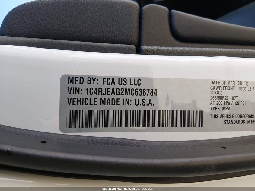 2021 Jeep Grand cherokee VIN 1C4RJEAG2MC638784 IAAI salvage auction — FRONT END, Wait Title, sold $6,400 on 2026-08-14 (photo 9)