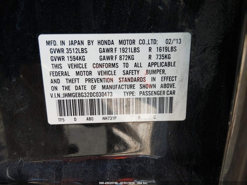 2013 Honda Fit VIN JHMGE8G32DC030473 IAAI salvage auction — NORMAL WEAR, Clear (Nevada), sold $1,100 on 2026-07-17 (photo 9)