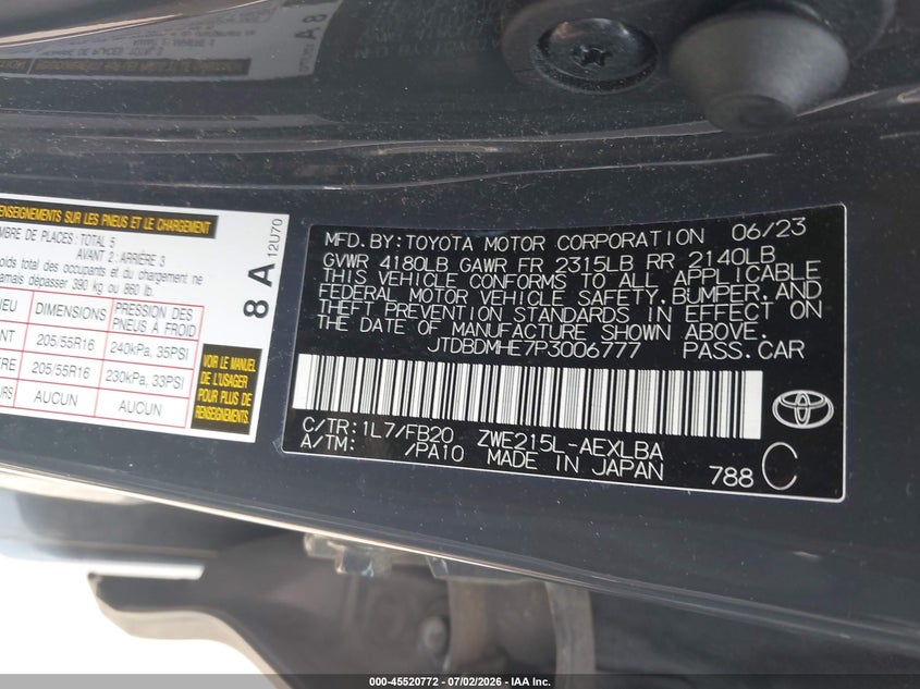 2023 Toyota Corolla VIN JTDBDMHE7P3006777 IAAI salvage auction — HAIL, Salvage Title, sold $7,300 on 2026-07-21 (photo 9)