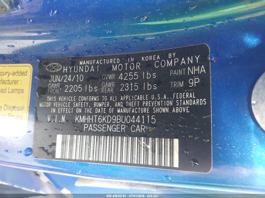 2011 Hyundai Genesis VIN KMHHT6KD9BU044115 IAAI salvage auction — LEFT SIDE, Salvage (Louisiana), sold $200 on 2026-07-28 (photo 9)